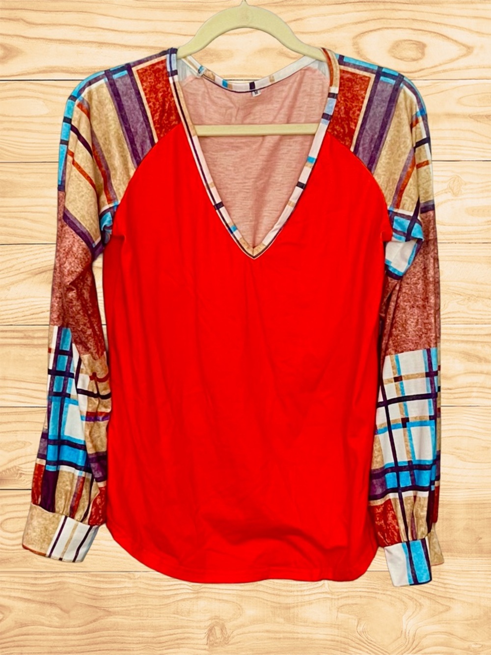 NEW Plaid Orange Long Sleeve V Neck Blouse Sz. Medium